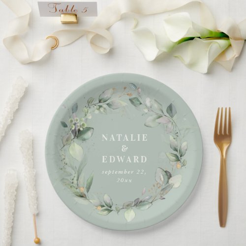 Eucalyptus watercolor botanical sage green wedding paper plates