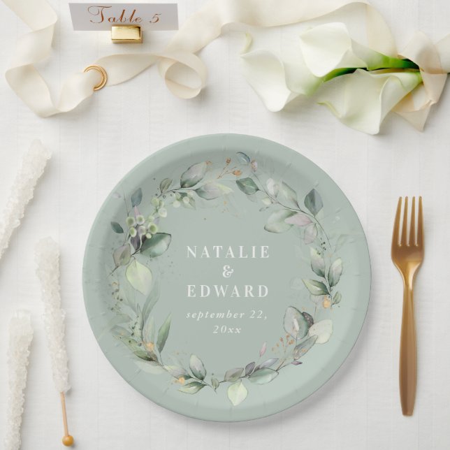 Eucalyptus watercolor botanical sage green wedding paper plates (Wedding)