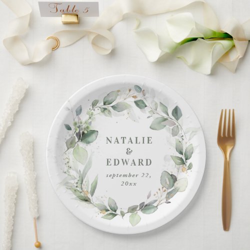 Eucalyptus watercolor botanical wedding favor paper plates