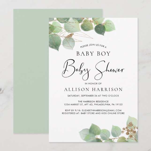 Eucalyptus Watercolor Boy Baby Shower Invitation (Front/Back)
