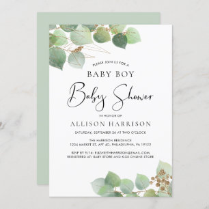 Eucalyptus Watercolor Boy Baby Shower Invitation