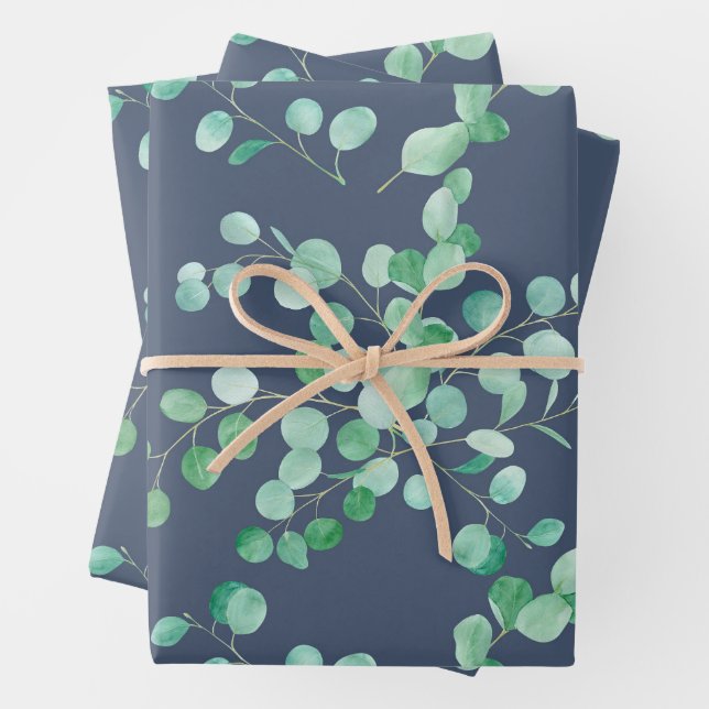 Eucalyptus Watercolor Branches On Navy Blue Wrapping Paper Sheets (In situ)