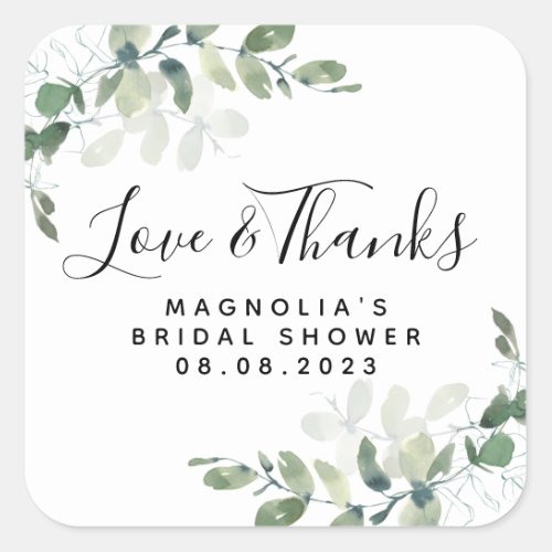 Eucalyptus Watercolor Bridal Shower Love  Thanks Square Sticker