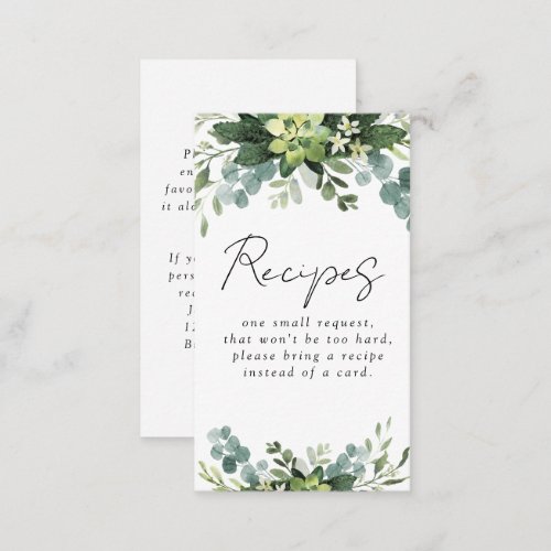 Eucalyptus Watercolor Bridal Shower Recipe Request Enclosure Card