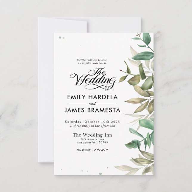Eucalyptus Watercolor Budget Wedding Invitation  (Front)
