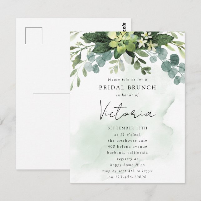 Eucalyptus Watercolor Chic Bridal Shower Invitatio Postcard (Front/Back)