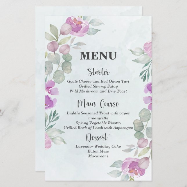 Eucalyptus Watercolor Dusty Blue Wedding Menu (Front/Back)