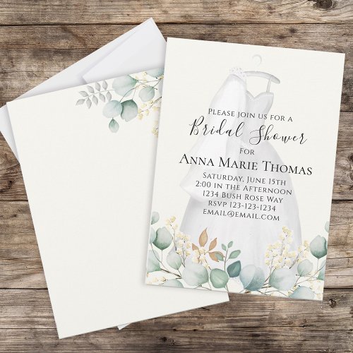 Eucalyptus Watercolor Elegant Bridal Gown Floral Invitation