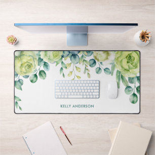 Eucalyptus watercolor floral border with roses desk mat