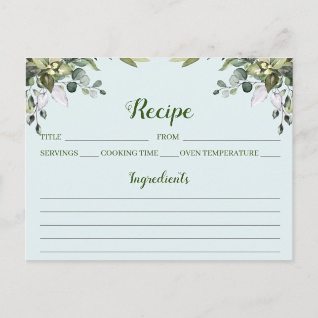 Eucalyptus Watercolor Floral Recipe Card (Front)