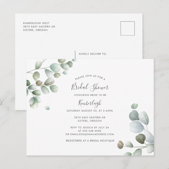Eucalyptus Watercolor Foliage Bridal Shower Invitation Postcard (Front/Back)