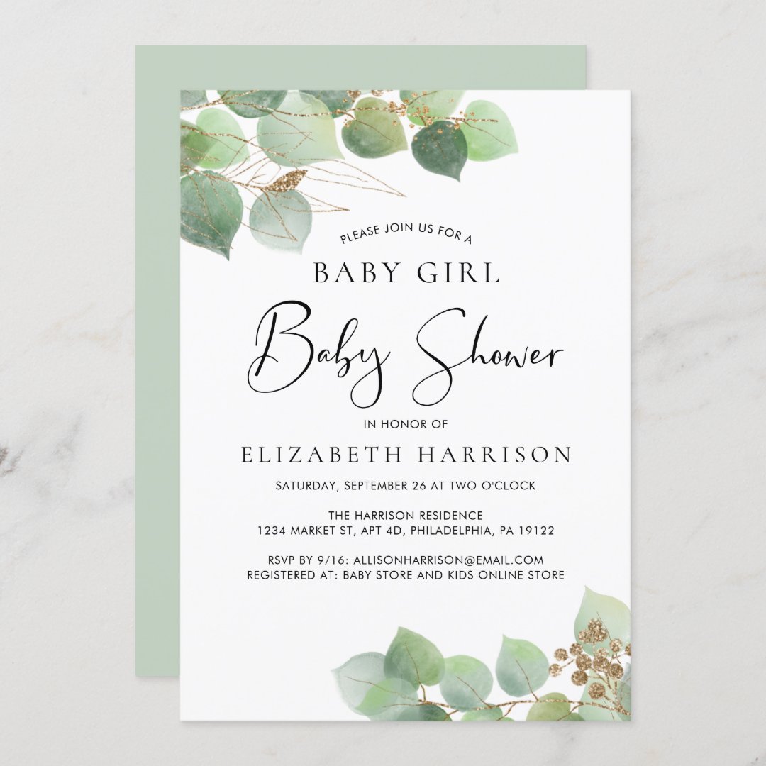 Eucalyptus Watercolor Girl Baby Shower Invitation | Zazzle