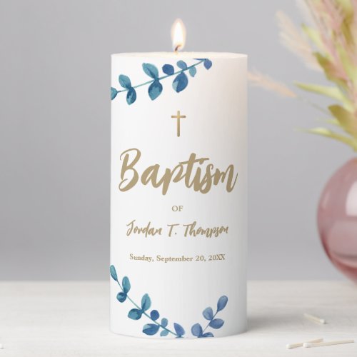 Eucalyptus Watercolor Gold Cross Baptism Custom Pillar Candle