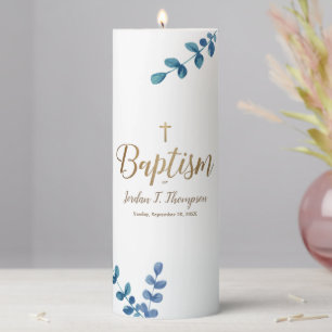 Eucalyptus watercolor Gold Cross Custom Baptism Pillar Candle