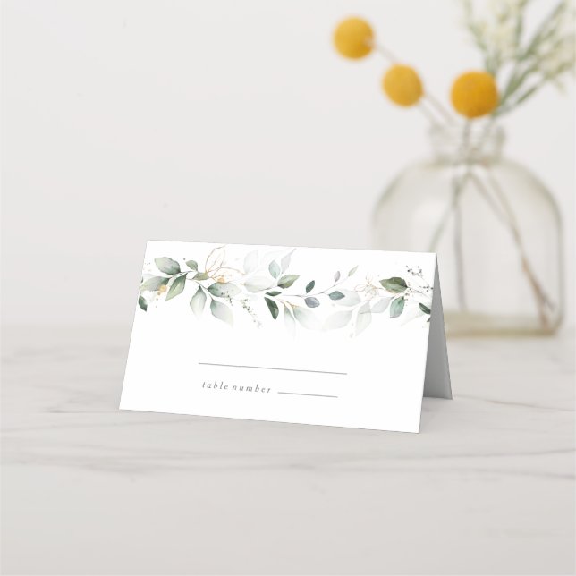 Eucalyptus Watercolor Gold Leaves Place Cards (Front)