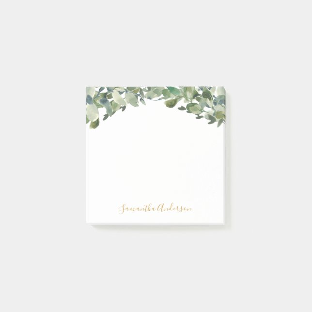 Eucalyptus Watercolor Gold Script Post-it Notes (Front)