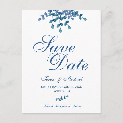 Eucalyptus Watercolor Green Wedding Save the Date Postcard