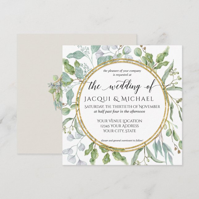 Eucalyptus Watercolor Green White Greenery Wedding Invitation (Front/Back)