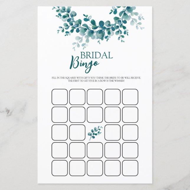 Eucalyptus Watercolor Greenery Bridal Shower Bingo (Front)