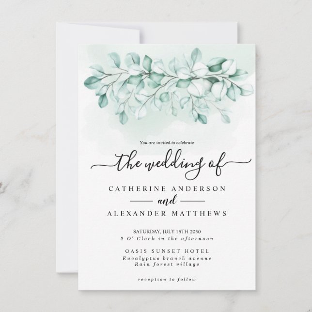 Eucalyptus Watercolor Greenery Elegant Modern Leaf Invitation (Front)