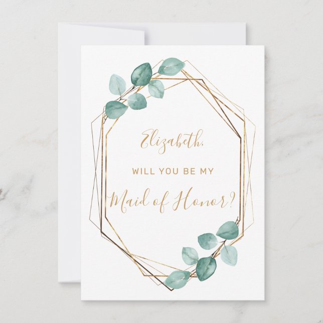 Eucalyptus Watercolor Greenery Gold Maid of Honor Invitation (Front)