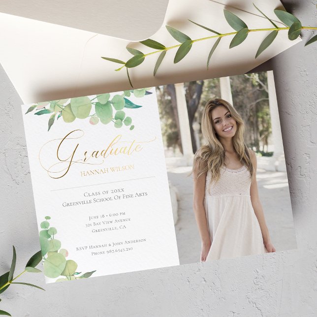 Eucalyptus Watercolor Greenery Photo Graduation Foil Invitation (Creator Uploaded)