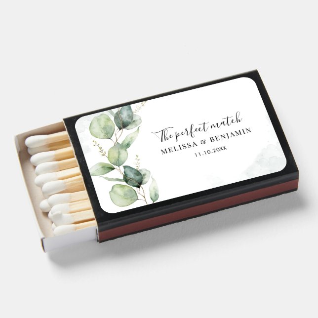 Eucalyptus Watercolor Greenery Wedding Favor Matchboxes (Front Open)