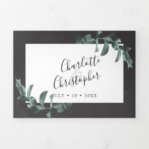 eucalyptus watercolor grey all in one wedding Tri-Fold invitation