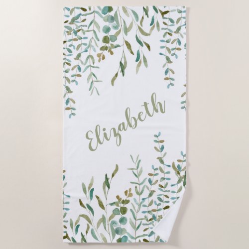 Eucalyptus Watercolor Leaves  Beach Towel