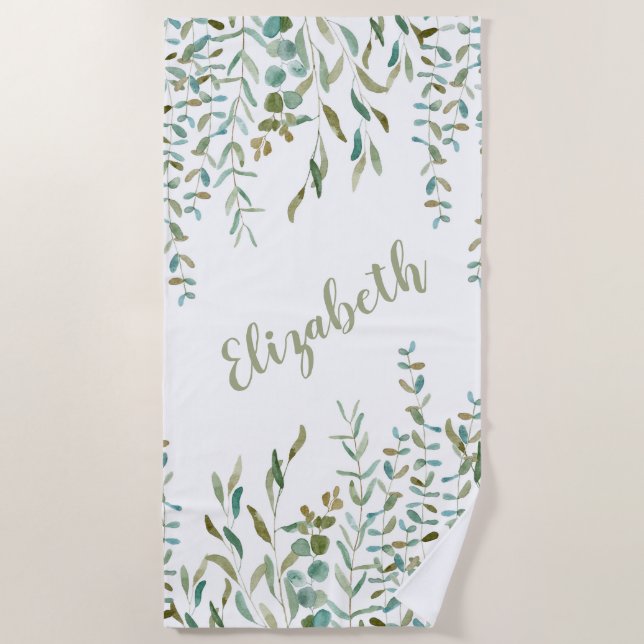 Eucalyptus Watercolor Leaves  Beach Towel (Front)