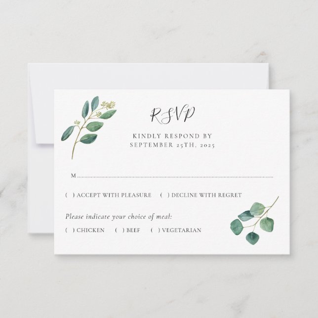 Eucalyptus Watercolor Leaves Botanical Wedding RSVP Card (Front)