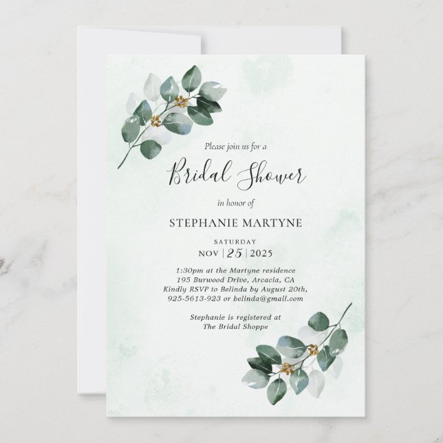 Eucalyptus Watercolor Leaves Bridal Shower Invitation (Front)