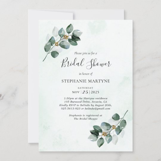 Eucalyptus Watercolor Leaves Bridal Shower Invitation | Zazzle.com