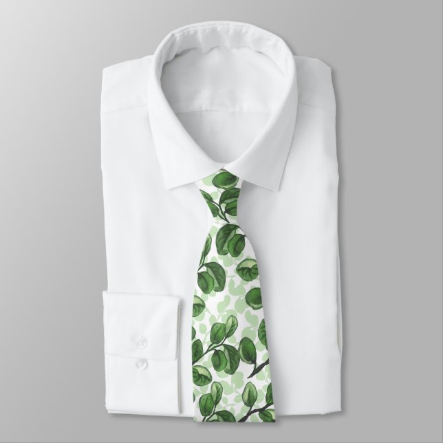 Eucalyptus watercolor leaves  neck tie (Tied)