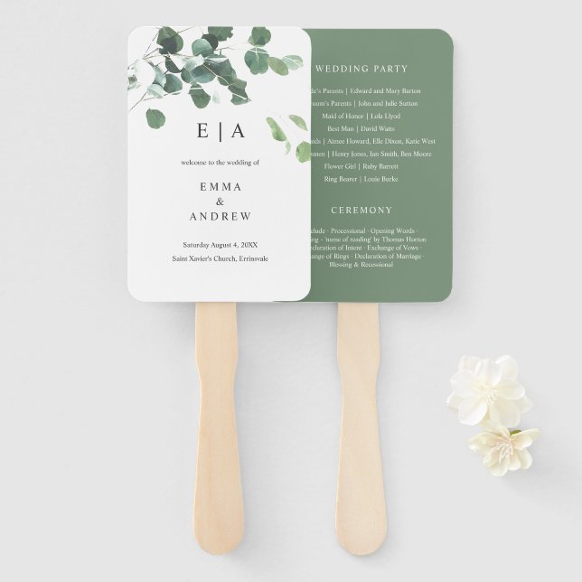 Eucalyptus Watercolor Leaves Wedding Book Program  Hand Fan (Front and Back)