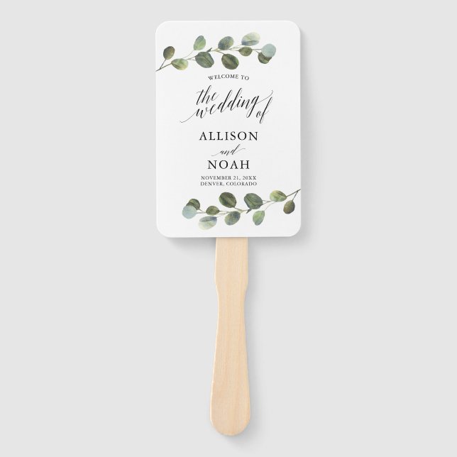 Eucalyptus watercolor modern wedding program hand fan (Front)
