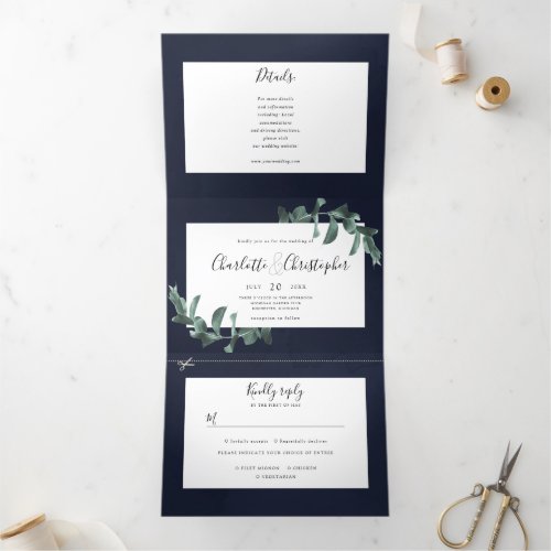 eucalyptus watercolor navy blue all in one wedding Tri_Fold invitation