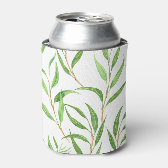 Eucalyptus watercolor pattern on white can cooler (Can Front)