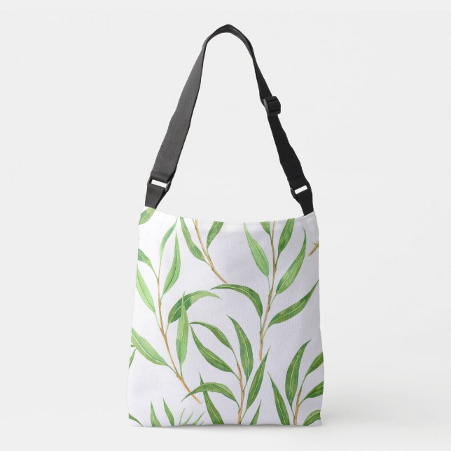 Eucalyptus watercolor pattern on white crossbody bag (Front)