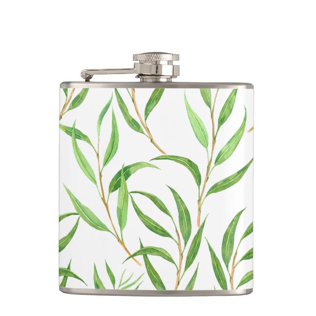 Eucalyptus watercolor pattern on white flask (Front)