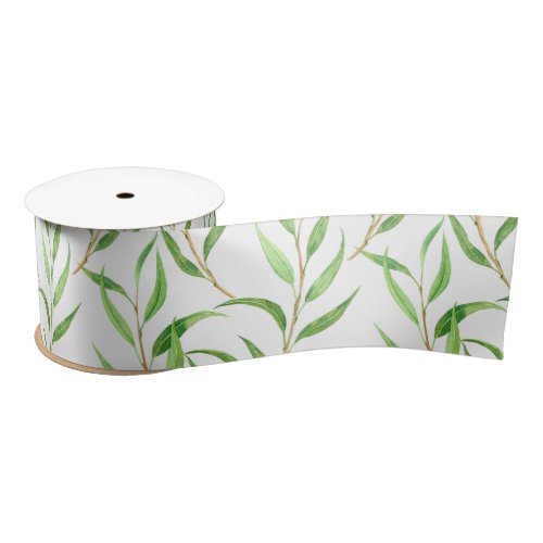 Eucalyptus watercolor pattern on white satin ribbon