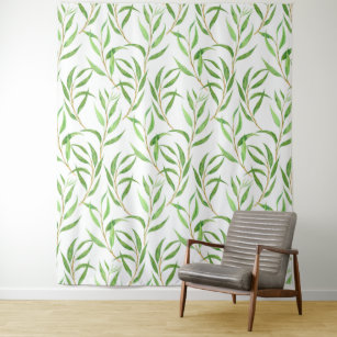 Eucalyptus watercolor pattern on white tapestry