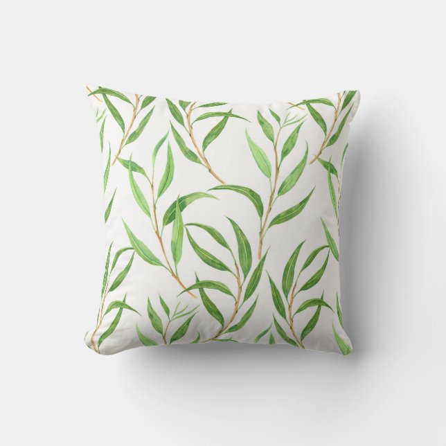 Eucalyptus watercolor pattern on white throw pillow (Front)