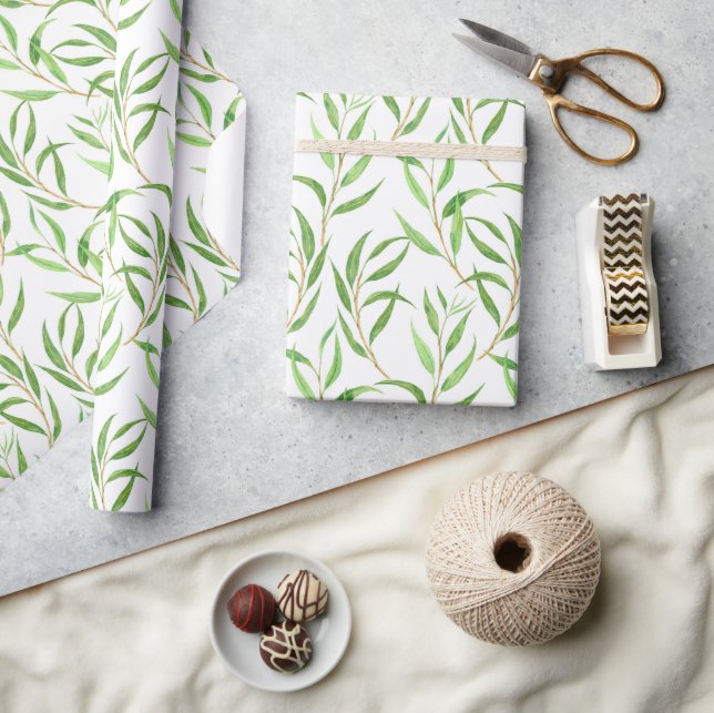 Eucalyptus watercolor pattern on white wrapping pa wrapping paper (Crafts)