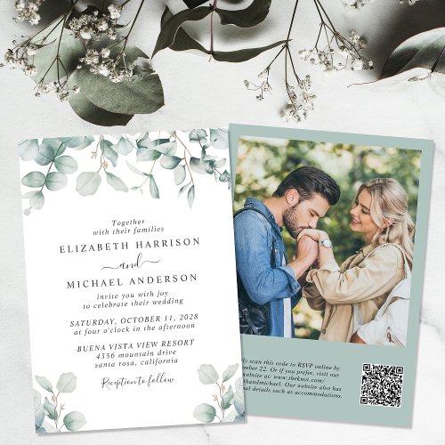 Eucalyptus Watercolor Photo QR Code Wedding Invitation