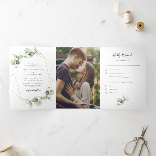 Eucalyptus Watercolor Photo Wedding All in One Tri_Fold Invitation