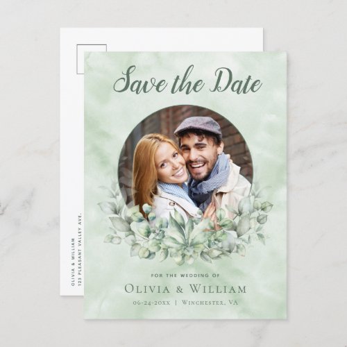 Eucalyptus Watercolor Photo Wedding Save the Date Announcement Postcard
