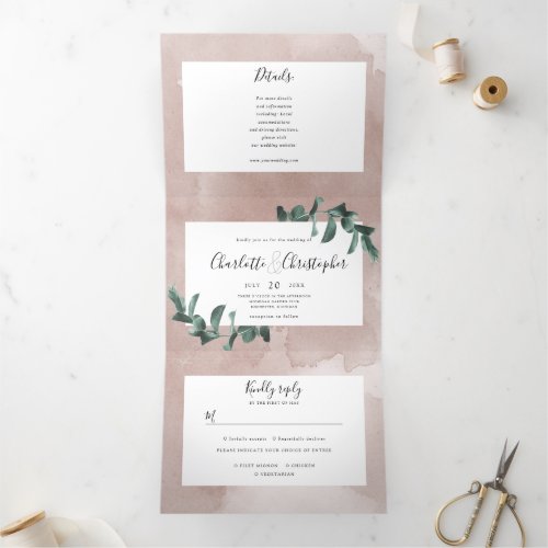 eucalyptus watercolor pink all in one wedding Tri_Fold invitation