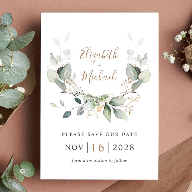 Eucalyptus Watercolor QR Code Photo Wedding Save The Date (Celebrate your love story with a save the date that exudes timeless beauty and elegance)