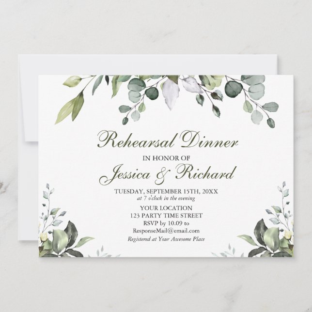 Eucalyptus Watercolor Rehearsal Dinner Invitation (Front)